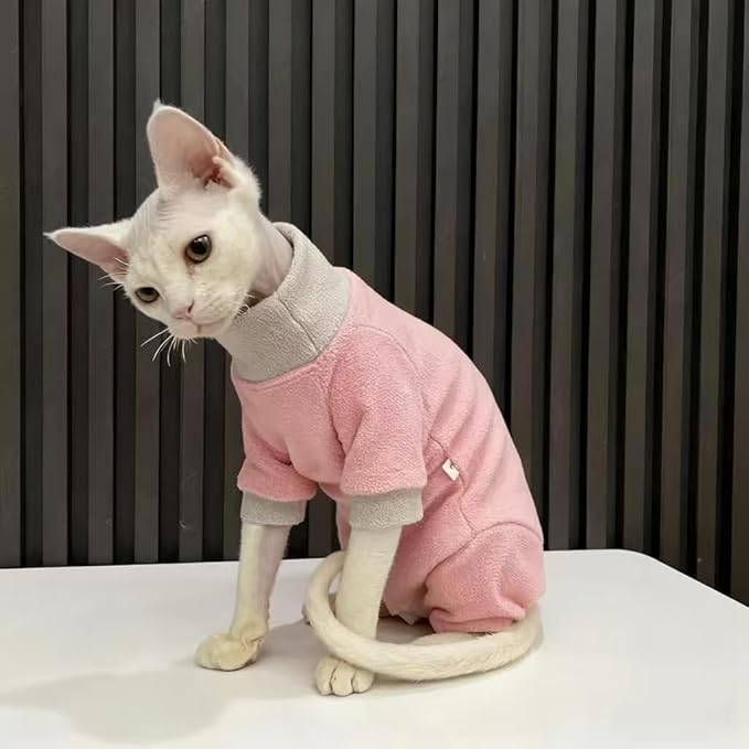 Sphynx Cat Clothes Winter Soft Warm Polar Fleece Turtleneck Pullover Four Leg Jumpsuit Fashion Splicing Base Shirt Cat Apparel, (Medium(5-6.1lb))