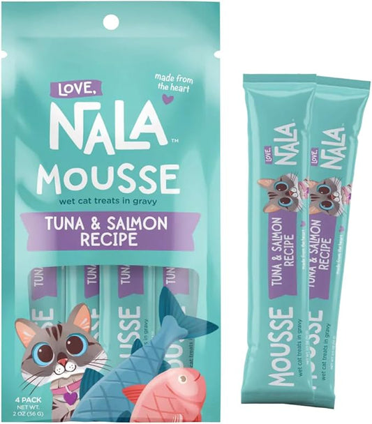 LOVE, NALA - Natural Lickable Cat Squeeze Up Treat,Topper - Tuna & Salmon Mousse - Wet Food Cat Puree - Grain Free, Non-GMO, Minerals, Vitamins - 4 Pack 2 oz.