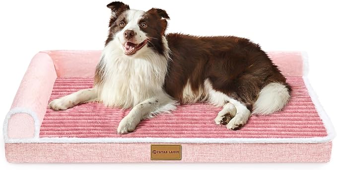 Patas Lague Orthopedic Dog Bed Large Sized Dog 36''X24'', Waterproof Comfortable L Bolster Medium Non-Slip Soft Warm Pet Crate Bed Sleep Sofa mat with Removable Washable Cover, Pink