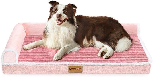 Patas Lague Orthopedic XL Dog Bed Large Sized Dog 48''X30'', Waterproof Comfortable L Bolster Big Extra Large Non-Slip Soft Warm Pet Crate Bed Sleep Sofa mat with Removable Washable Cover, Pink