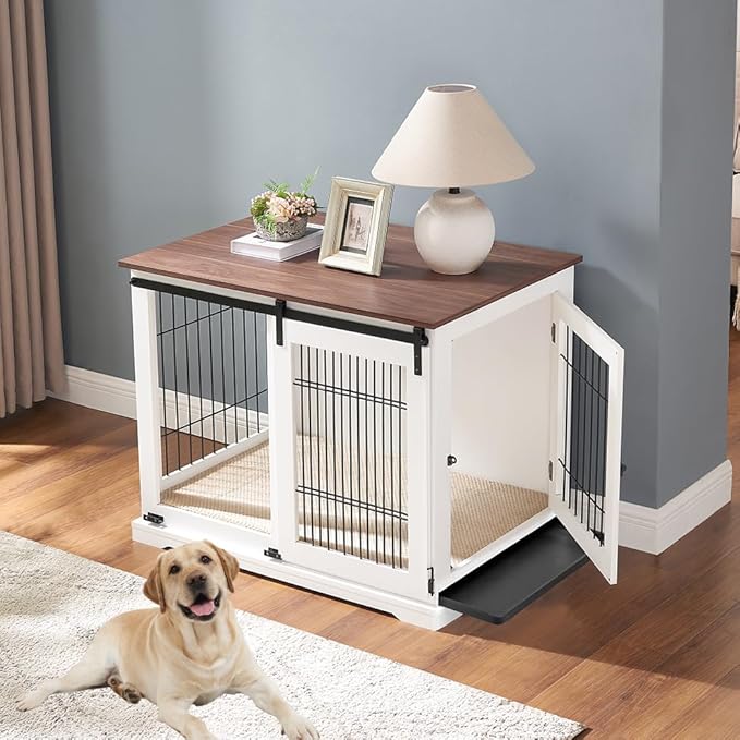 beeNbkks Dog Crate Furniture with Sliding Barn Door, Stylish Double Doors Wooden Kennel with Tray and Cushion, Decorative Indoor Pet House Side End Table for Medium Large Dogs