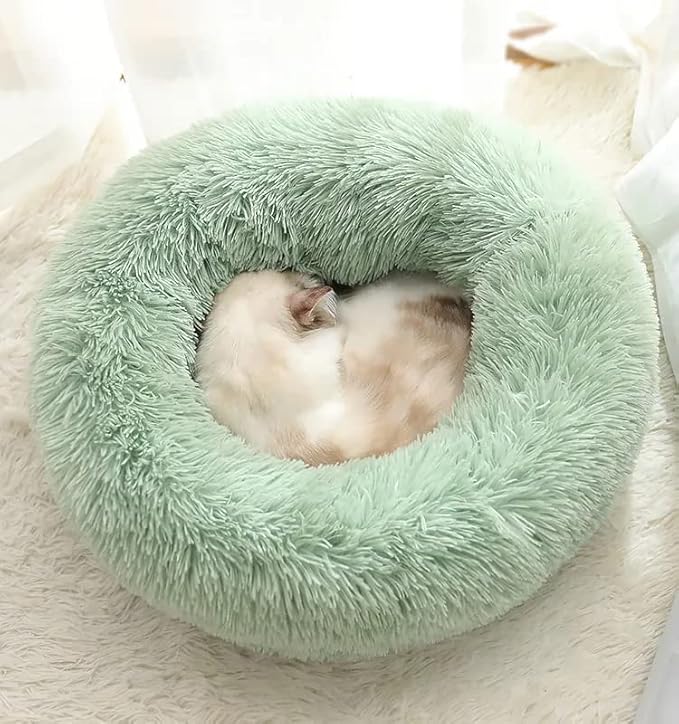 Cat Beds for Indoor Cats - Washable 20/24 inches, Anti-Anxiety Round Plush Faux Fur, Thick Bottom (Light Green, Medium) - Suitable for Small to Medium Dogs