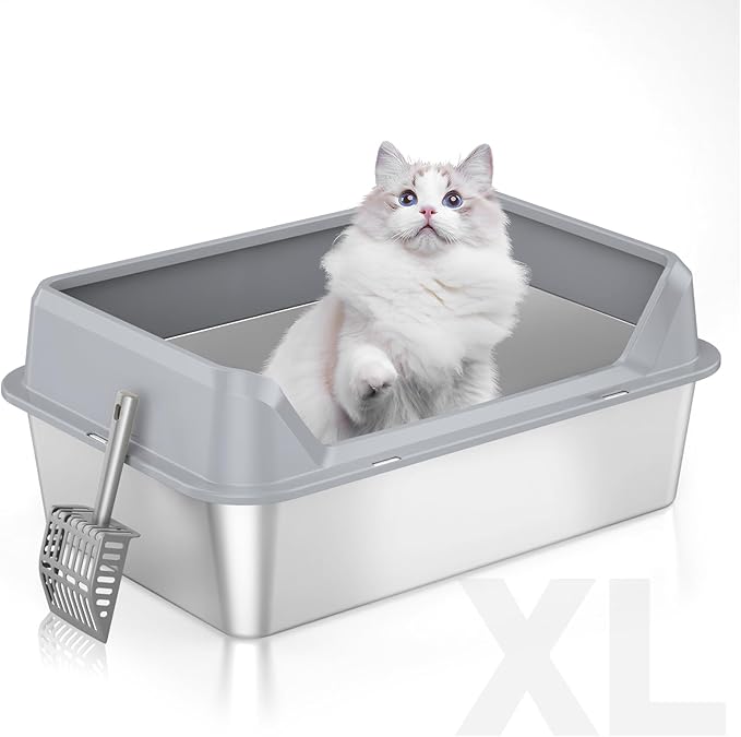 Stainless Steel Cat Box, XL Extra Large, Non-Sticky, Anti-Leakage, Metal, Easy to Clean (Grey)