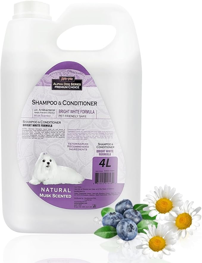 Alpha Dog Series Bright White Natural Whitening Dog Shampoo and Conditioner for Dogs with Aloe Vera, pH Balanced Dog Shampoo and Conditioner Set, Tear-Free for Sensitive Skin, 4L (1Gallon)