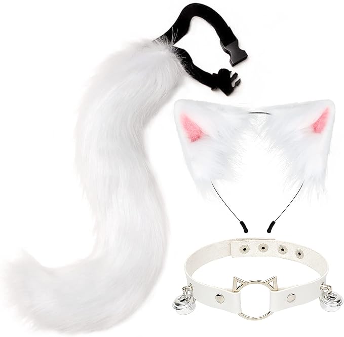Cat Ears and Wolf Fox Animal Tail Cosplay Costume Faux Fur Hair Clip Headdress Halloween Leather Neck Chocker Set
