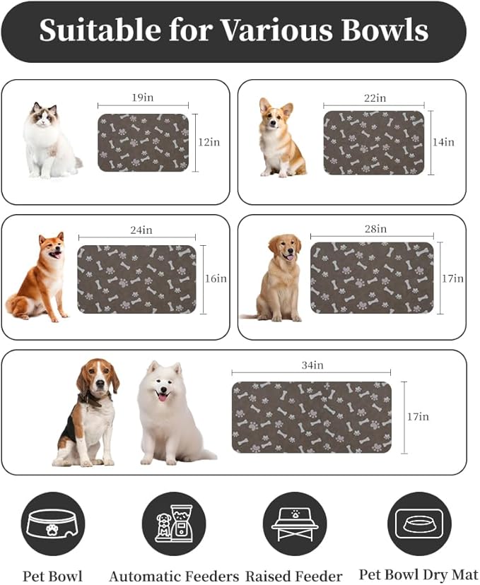 MontVoo Dog Food Mat-Pet Feeding Mat for Food and Water-No Stains Quick Dry Dispenser Cat Bowl Mat for Messy Drinkers(14"x22" Brown)