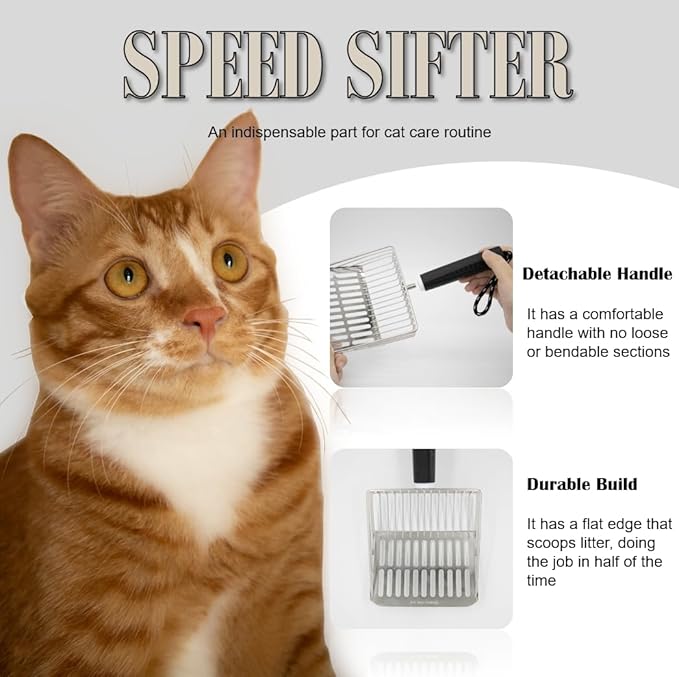 Metal Cat Litter Scoop with Holder, Stainless Steel Cat Litter Scooper Holder Trash Container, Heavy-Duty Kitty Poop Scooper with Coarse and Fine Grids for All Litter Pan