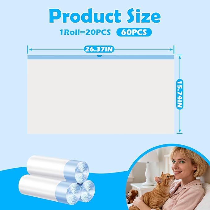 60 Count Cat Litter Bags For Poop Compatible with Litter Robot Waste Bags,Litter Box Liners With Drawsting For Automatic or Self-Cleaning Cat Box, Heavy-Duty, Extra Thick,26.37"X15.74"