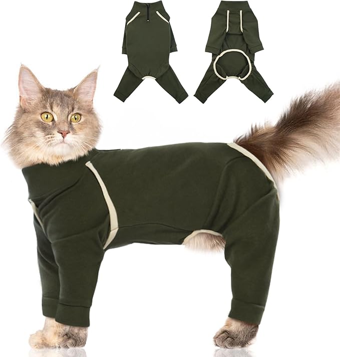 Cat Pajamas - Army Green, L - Prevents Hair Loss, Sticky Hair Clothes, Sphynx Clothes, Anti-Licking or Skin Disease Recovery Suit for Female Cats, Pet Apparel Onesie