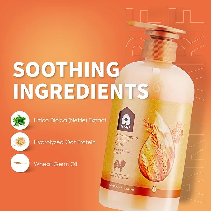Arf Arf Dog Shampoo Softening Formula, Soften & Fluffy Oatmeal 16oz—Plant-Based 4-in-1: Cleans, Conditions, detangles, moisturizes. Oatmeal & Honey Soothe Itchy Skin. Hypoallergenic. Made in Taiwan.