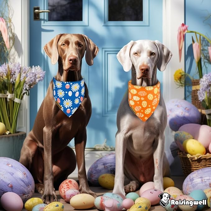 Easter Dog Bandanas 2 Pack, 4 Pattern Reversible Holiday Bandana for Boy and Girl, Premium Durable Fabric, Spring Triangle Scarf for Medium to X Large Breed Dogs (X-Large)