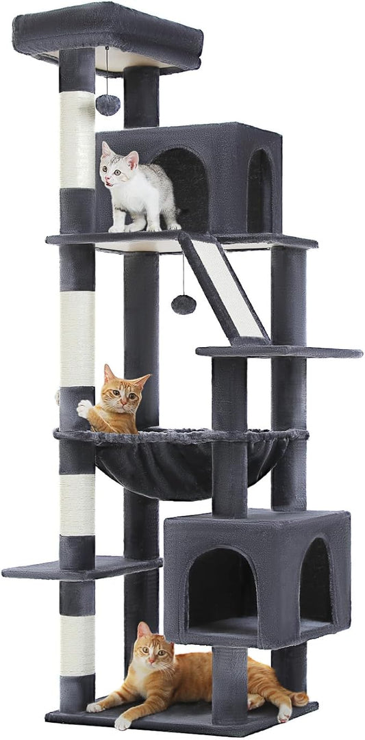 71" Tall Cat Tree for Large Cat 20 lbs with Super Large Hammock, Heavy Duty Cat Tower with 4 Sisal Scratching Posts & 2 Spacious Condos for Big Adult Cats Maine Coon -Dark Grey