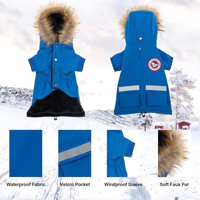 PINA Small Dog Coats - Waterproof, Warm Winter Jacket with Faux Fur Hood, Reflective, Flannel Lined, Windproof, Pocket