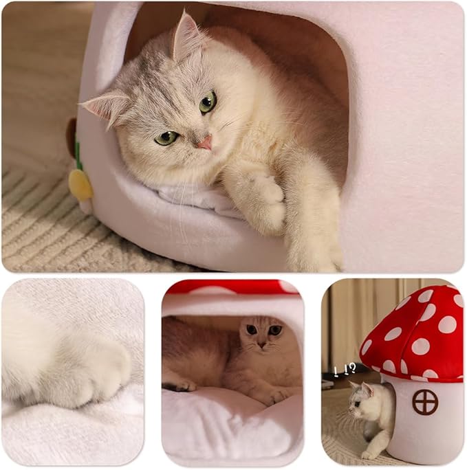 Cute Cat Bed Cave for Indoor Highland Mushroom Shaped Pet Plush House Self-Warming Nest Small Dogs Rabbits with Removable Cushion for Puppy Bed with Hanging Toy (Red Mushroom)