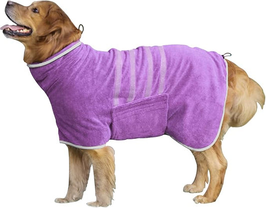 Dog Robe - Fast Drying Towel - Microfiber Super Absorbent Pet Bathrobe, Adjustable Collar & Belly Strap (Purple, Medium)