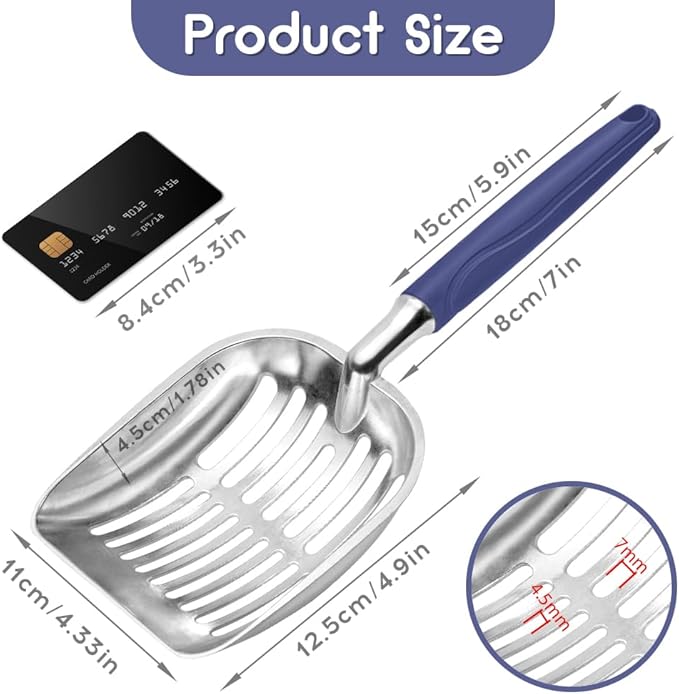 Cat Litter Scoop, Metal Cat Scooper, Plastic Handle Scoop, Sifting Shovel – Heavy Duty Aluminum Alloy Litter Box Scoop with Deep Mesh, Design for Easy Waste Removal and Cleaning(Dark Blue)
