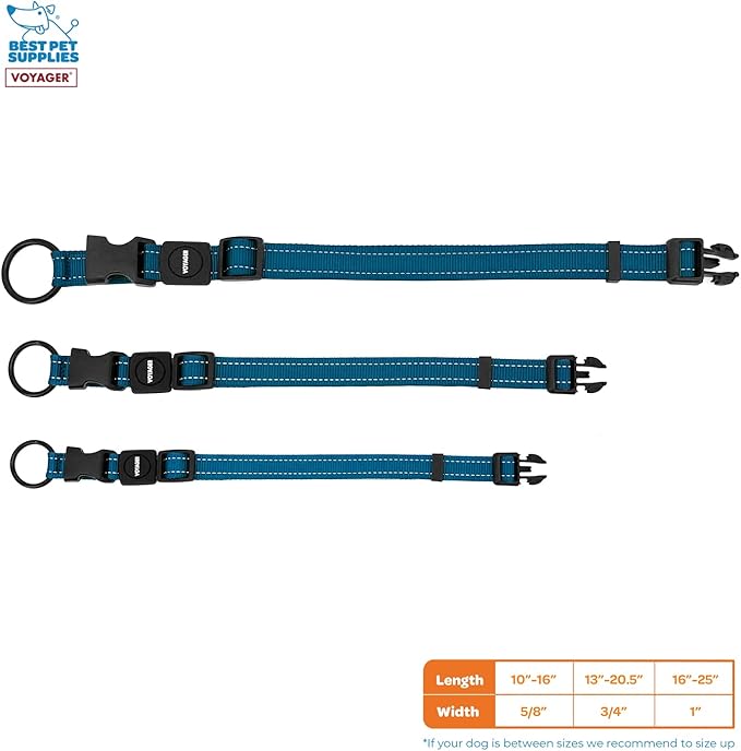 Best Pet Supplies Reflective Dog Collar with Adjustable Length, Heavy-Duty Buckle, and Strong Leash D-Ring, Training, Walking, Jogging Accessory for Small, Medium, and Large Breeds - Blue, S