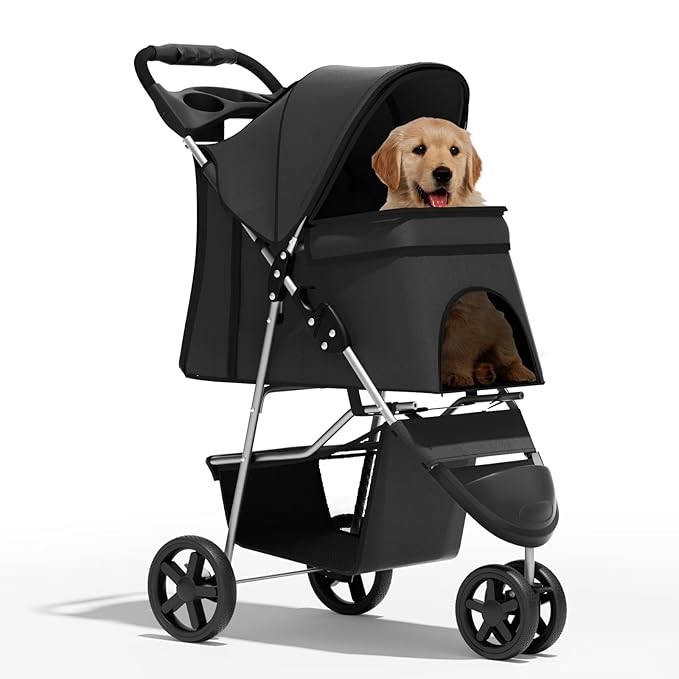 Cat Dog Stroller,3-Wheels Pet Stroller for Medium/Puppy Dogs 30 Lbs, Cat Strollers for 1 Cats, Foldable Dog Stroller with Storage Basket and Cup Holder, Breathable Mesh Black