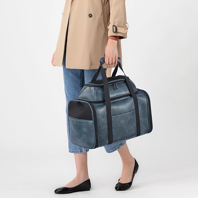 Premium Leather Top Expandable Pet Carrier for Small Dogs & Cats Under 15 lbs, Airline Approved Collapsible Soft-Sided Luxury Travel Bag Blue