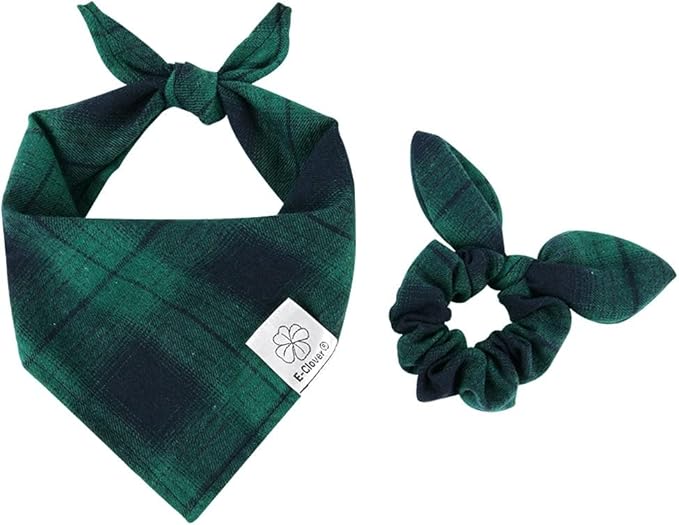 E-Clover Christmas Dog Bandanas Boy & Matching Scrunchie Set Plaid Dog Bibs Scarf Triangle Kerchief Bandana for Medium Large Dogs Birthday Gifts Pet Owner Mom Green Winter