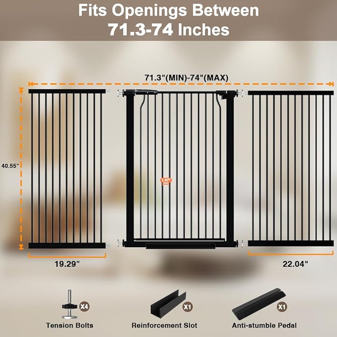 40.55" Extra Tall and Wide Baby Gate, 71.3-74 in Gates for Dogs Indoor with Door, Walk Through Long Pet Gate for Large Openings, Pressure Mounted Child Safety Gate for House Kid, Black