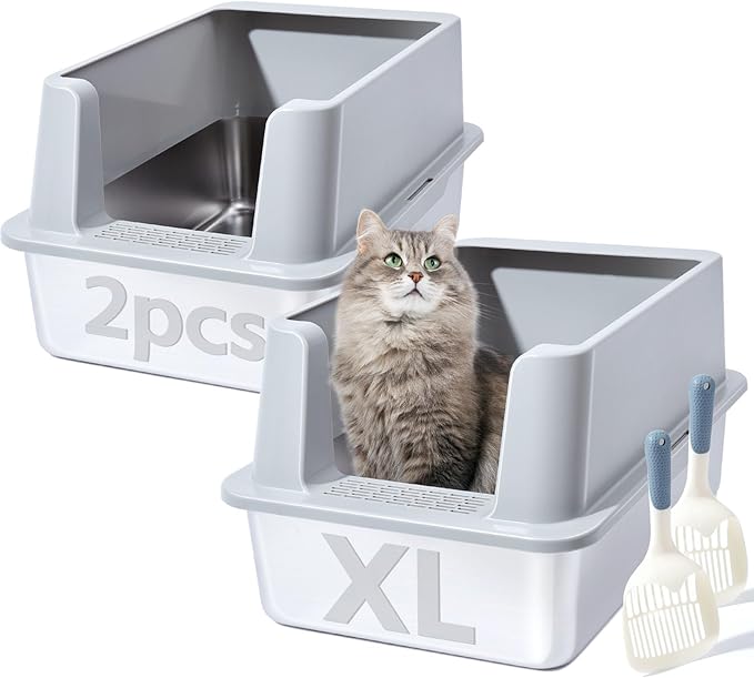 Stainless Steel Litter Box with Lid 2packs，Metal Litter Box with Covered Easy to Clean,Extra Large Litters Boxes for Big Cats with Scoop,Litters Boxes High Sided, Non-Sticky, Anti-Leakage