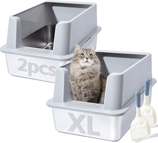 Stainless Steel Litter Box with Lid 2packs，Metal Litter Box with Covered Easy to Clean,Extra Large Litters Boxes for Big Cats with Scoop,Litters Boxes High Sided, Non-Sticky, Anti-Leakage