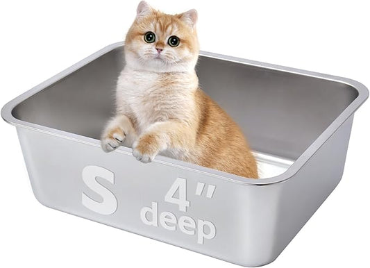 Stainless Steel Litter Box, 4IN Deep Cat Litter for Small Cats, Metal Litter Box Low Sided, No Smell, Non Stick, Easy Clean, Odor Proof, Indoor Outdoor