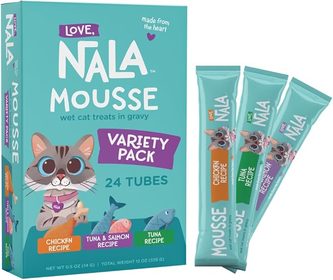 LOVE, NALA - Natural Lickable Cat Squeeze Up Treat,Topper - Variety Pack Mousse - Wet Food Cat Puree - Grain Free, Non-GMO, Minerals, Vitamins - 24 Pack 12 oz.