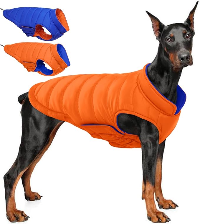 QBLEEV Reversible Dog Coat, Warm Snowproof Dog Puffer Jacket for Large Dogs, Waterproof Cold Weather Coats with Hook & Loop, 2-in-1 Lightweight Windproof Padded Vest for Big Pitbull, Blaze Orange, XL