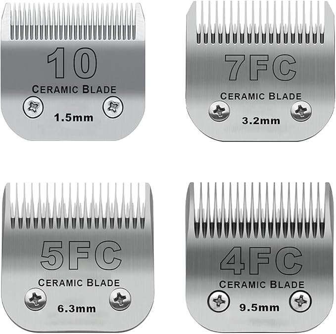 Size 10/7FC/5FC/4FC Detachable Pet Dog Grooming Clipper Ceramic Blades Set,Compatible with Andis,Oster A5,Wahl KM10 Series Clippers,Cut Length 1/16"(1.5mm) to 3/8"(9.5mm),4 Pack