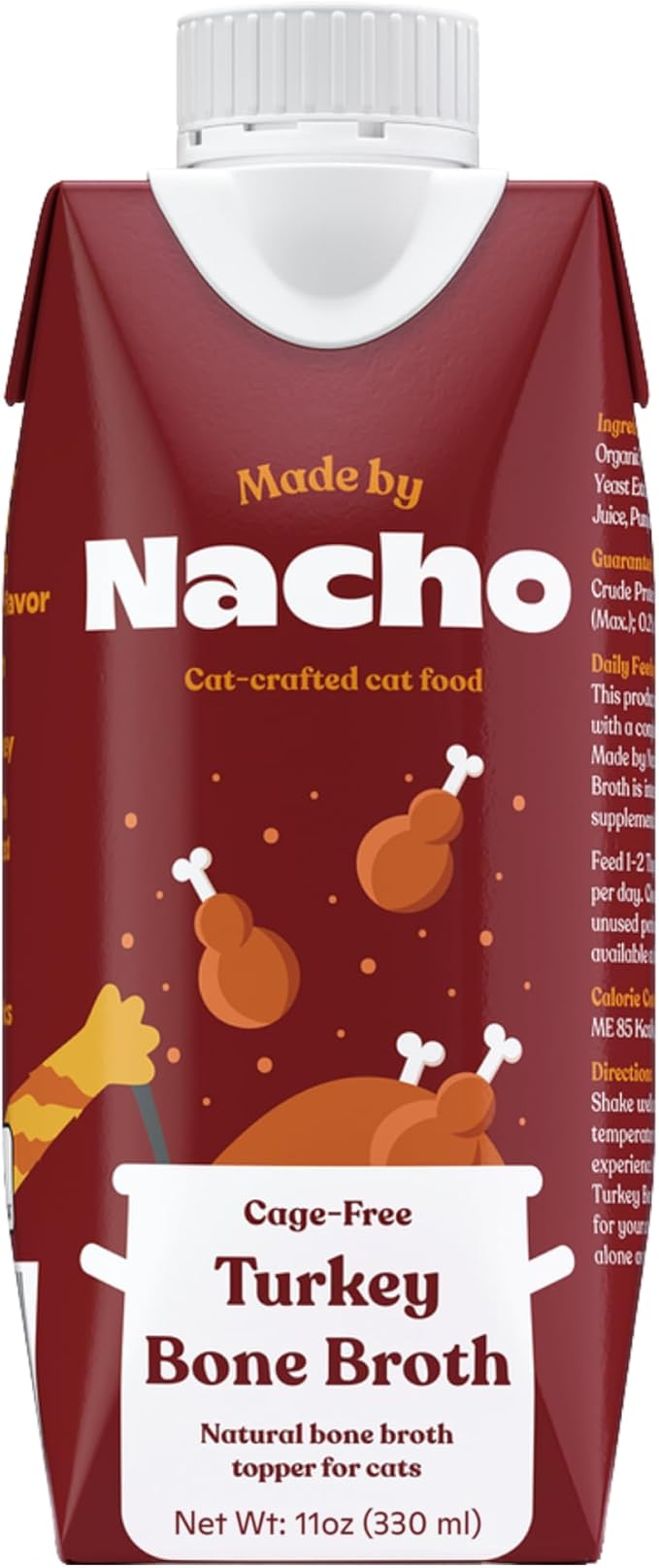 Made by Nacho Bone Broth Cat Food Topper for Hydration and Picky Eaters - Add Protein and Flavor to Your Dry Cat Food – Supports Optimal Nutrition, Digestion, Skin & Coat 11 oz. (Pack of 4), Turkey
