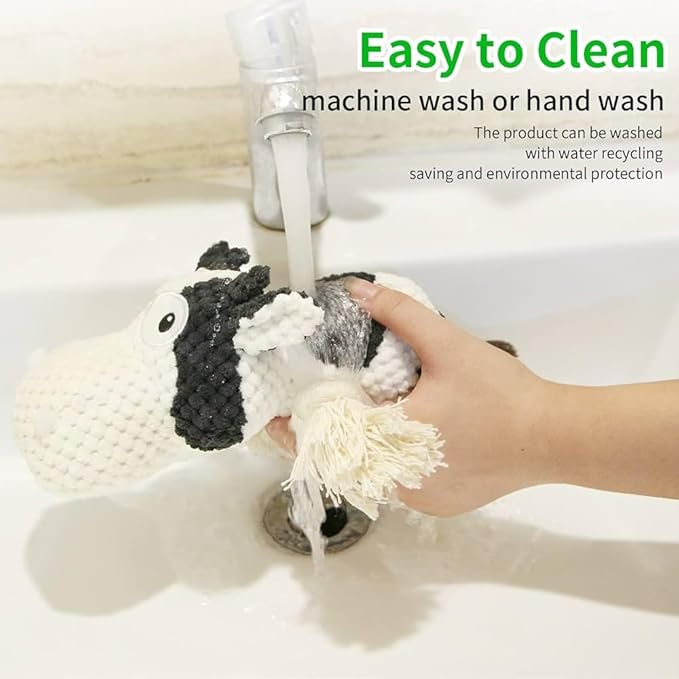 COWIE - Durable Plush Cow Dog Toy with Rope – Soft Chew Toy for Puppies Small Medium & Large Dogs – Crinkle Ears, Teeth-Cleaning & Interactive Squeaky Dog Toys