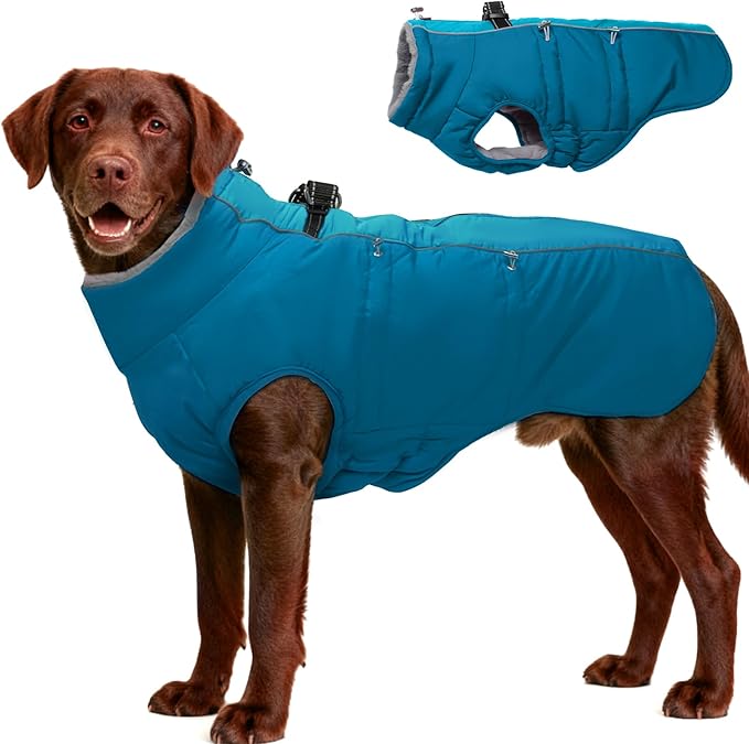 Dog Winter Jacket - 3X Large, Warm Zip Up Snowsuit Dog Harness Vest, Reflective, Water-Resistant, Green