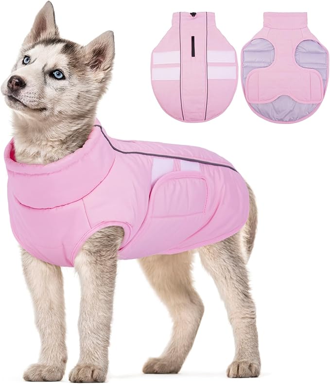 Kuoser Dog Jacket, Winter Dog Coats for Medium Dogs, Reflective Doggie Cold Weather Coats Pet Clothes, Puppy Snow Jacket for Frech Bulldog, Boston Terrier, Pink M