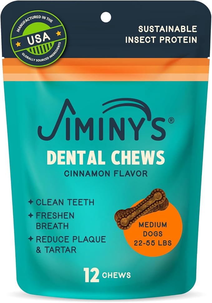 Jiminy's Dental Chews for Dogs, Cinnamon Flavor, Scientifically Proven to Improve Oral Health, Dental Bones Clean Teeth, Fight Bad Breath, and Removes Plaque and Tartar, Medium, 12ct (Pack of 1)