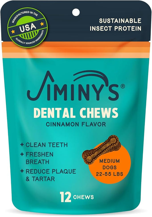 Jiminy's Dental Chews for Dogs, Cinnamon Flavor, Scientifically Proven to Improve Oral Health, Dental Bones Clean Teeth, Fight Bad Breath, and Removes Plaque and Tartar, Medium, 12ct (Pack of 1)