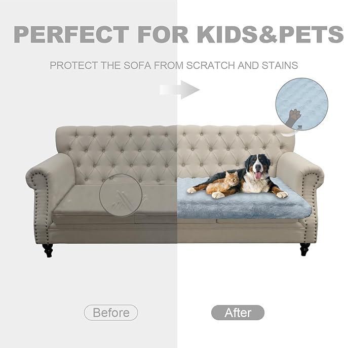 Dogs/Cats Bed Mats, Dog Pad Washable Removable Couch Cover with Anti-Slip Back, Plush Long Fur Mat, Perfect for Small, Medium and Large Dogs.(Light Gray-Bubble, 52"x82")