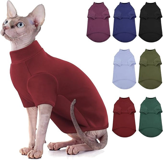 SUNFURA Turtleneck Sweater for Cat, Sphynx Hairless Cats Shirt Sweaters with Sleeves, Warm and Soft Kitten Pullover Fleece Winter Pajamas Jumpsuit for Puppy, Burgundy M