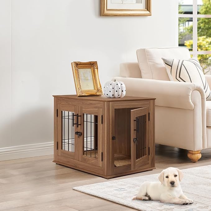 beeNbkks Furniture Style Dog Crate End Table, Double Doors Wooden Wire Dog Kennel with Pet Bed, Decorative Pet Crate Dog House Indoor Medium Large