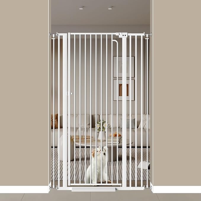 57" Extra Tall Cat Gate for Doorways, 29.5"-38.5" Tall Pet Gates for Cats Walk Through, Auto Close High Baby Gates with Door, Child Safety Gate Indoor Stairs, Cat Proof Gate for Dogs, White