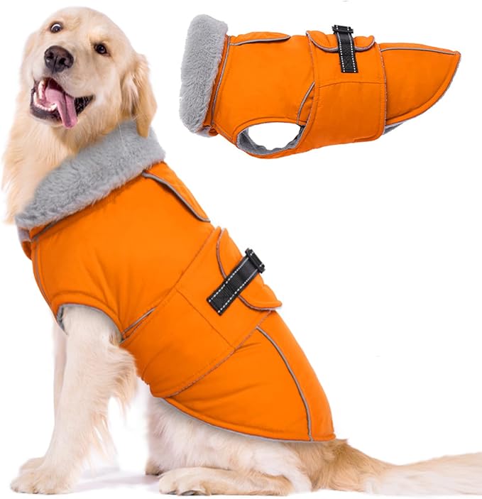 Lelepet Warm Dog Coat Reflective Fleece Vest Waterproof Dog Jacket with Adjustable Buckle Hook & Loop Windproof Cold Weather Coats for Small Medium Large Dogs, Orange, XXL