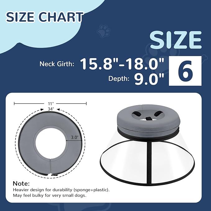 Sponge Core Dog Cone, Inflatable Dog Cone Collar Alternative, Dogs Donut Collar After Surgery, Soft Cone for Large Medium Small Dogs to Stop Licking, No Inflation Required, Clear View(Size 6, Gray)