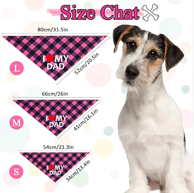 GreenJoy Cute Plaid Dog Bandana – Washable Pet Triangle Scarf for Small, Medium, Large Dogs and Cats, Adjustable Pet Accessory for Birthday, Wedding and Christmas (Pink (I Love My Dad), Large)