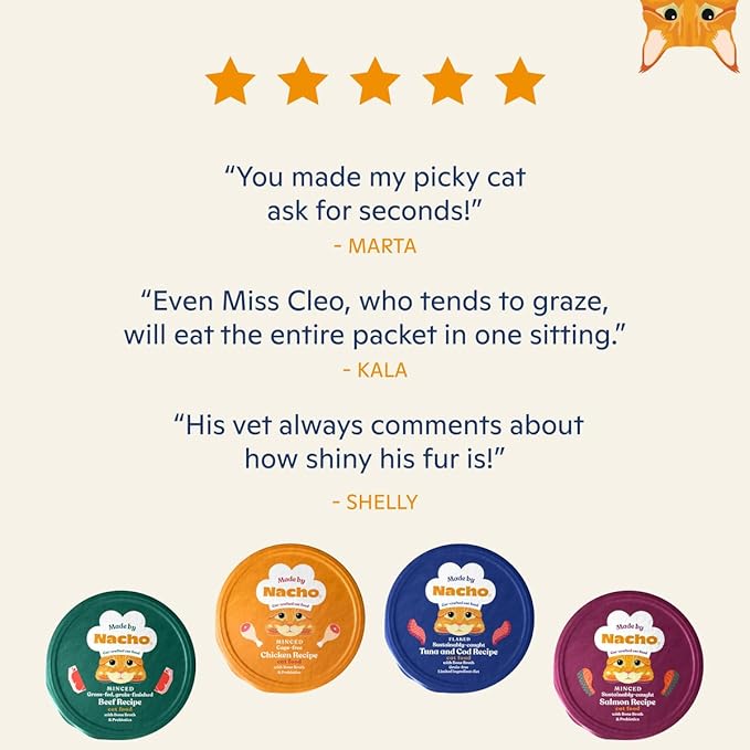 Made by Nacho Wet Cat Food, Minced Tuna and Cod in Bone Broth for Hydration with Prebiotics, High Protein, 2.5oz Cups (10 Pack)