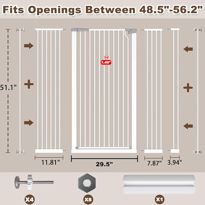 Fairy Baby 51.18" Extra Tall Cat Pet Gate, 48.5"-56.2" Extra Wide Long Dog Gate for The House, Doorways, Hallways, Metal Large Pet Barrier Fence Indoor Kids Toddlers Gate Auto Close No Climb, White
