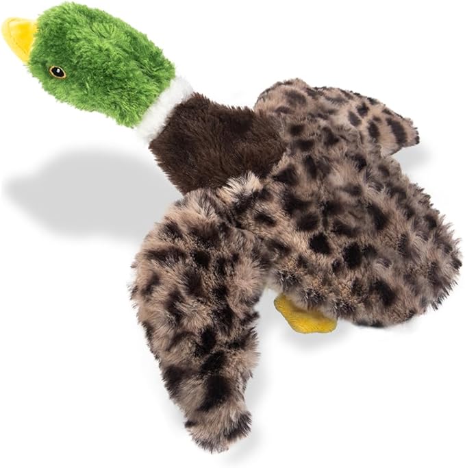 Duck Dog Squeaky Toy for Aggressive Chewers - No Stuffing Durable Plush with 4 Squeakers & Crinkle Wings, Chew Proof Puppy Toys for Small Medium Large Dogs (Green & Brown)