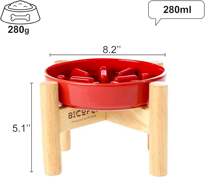 Ceramic Maze Dog Slow Feeder with Non-Slip Silicone Rim (& Bamboo Stand) – Heavy-Duty Stoneware Bowl with Puzzle Pattern for Bloating & Obesity Prevention (Raised-Red-S)