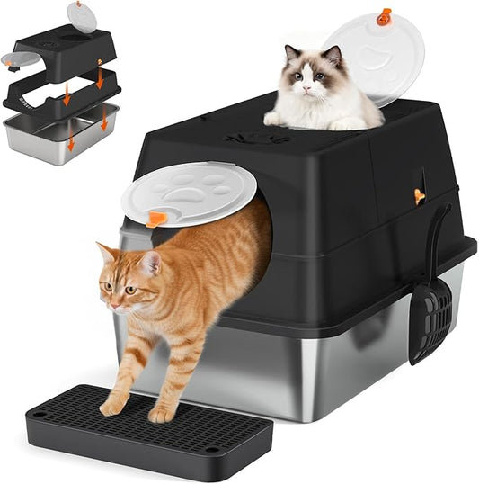 Front & Top Entry Stainless Steel Litter Box with Lid,Cat Litter Box Enclosure,Extra Large Enclosed,Non-Sticky Metal Pan,Anti-Leakage,Odor Control,Easy Clean,Covered for Indoor Cats,Includes Scoop Set