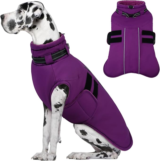 IECOii Winter Dog Coat for Extra Large Dogs, Waterproof Reflective Dog Snow Jacket for Giant Breeds, Built in Collar Snowsuit Thermal Dogs Cold Weather Coats for Great Dane, Purple - 4XL